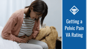 A woman sits on a bed, holding her waist with a pained look on her face. Alongside the image is a blue banner reading the article title: Getting a pelvic pain VA rating