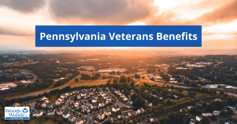 Image of an aerial view of a neighborhood in Allentown, Pennsylvania with our title: Pennsylvania Veterans Benefits in the upper center. The Woods and Woods logo is in the bottom left corner.