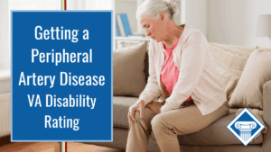 Photo of a woman sitting on a couch holding both hands on her thigh and knee in pain. Article title is to the left: "Getting a peripheral artery disease VA disability rating."