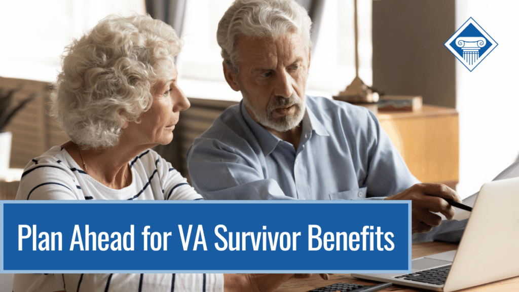 A serious-looking man with white hair pointing at a laptop screen, showing something to the white-haired woman sitting next to him. Over the image is a box reading the article's title: Plan ahead for VA survivor benefits