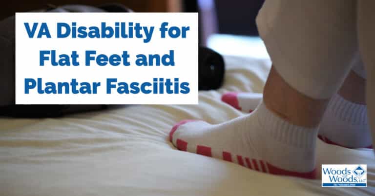 Picture of a veteran in their socks on a bed with sore feet. Our title is off to the left side: VA disability for flat feet and plantar fasciitis.