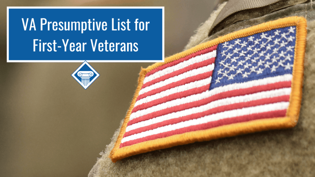 Badge of the American flag on a uniform with our title on the side: VA Presumptive List for First-Year Veterans