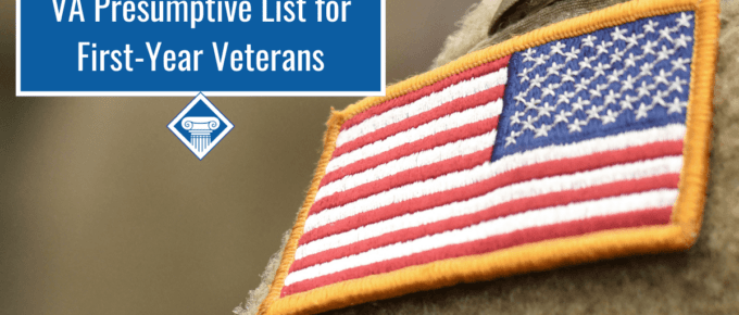 A shoulder with an American flag patch is on the right side of the image. Article title is to the left: "VA Presumptive List for First-Year Veterans.