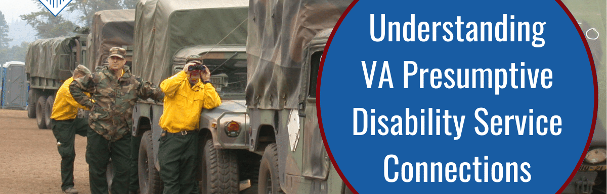 A free-use image from the National Archives of military transport personnel alongside a caravan of vehicles. Over the image a blue bubble reading the article title: Understanding VA presumptive disability service connections