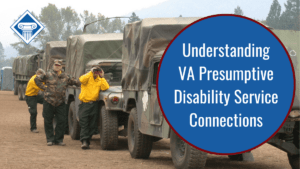 A free-use image from the National Archives of military transport personnel alongside a caravan of vehicles. Over the image a blue bubble reading the article title: Understanding VA presumptive disability service connections