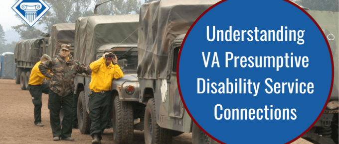 A free-use image from the National Archives of military transport personnel alongside a caravan of vehicles. Over the image a blue bubble reading the article title: Understanding VA presumptive disability service connections