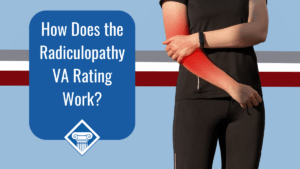 Person wearing all black holds their inflamed arm. Article title to the left: How Does the Radiculopathy VA Rating Work?
