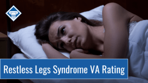 Woman lying on a pillow with her eyes open looking like she can't fall asleep. Article title is at the bottom: "Restless Legs Syndrome VA Rating."