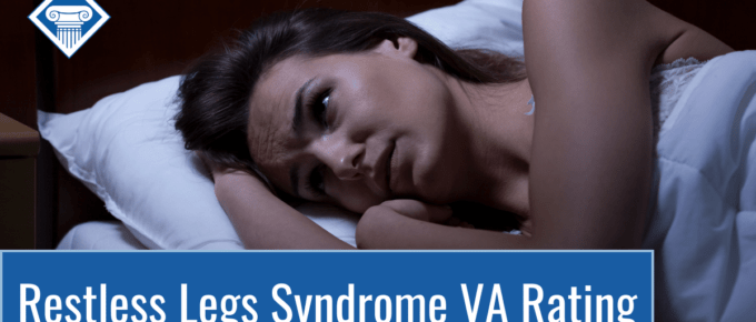 Woman lying on a pillow with her eyes open looking like she can't fall asleep. Article title is at the bottom: "Restless Legs Syndrome VA Rating."