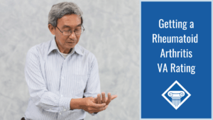 Man wearing eyeglasses and a dress shirt presses his right thumb into his left palm. Article title to the right: Getting a Rheumatoid Arthritis VA Rating