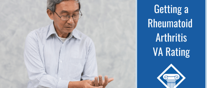 Man wearing eyeglasses and a dress shirt presses his right thumb into his left palm. Article title to the right: Getting a Rheumatoid Arthritis VA Rating