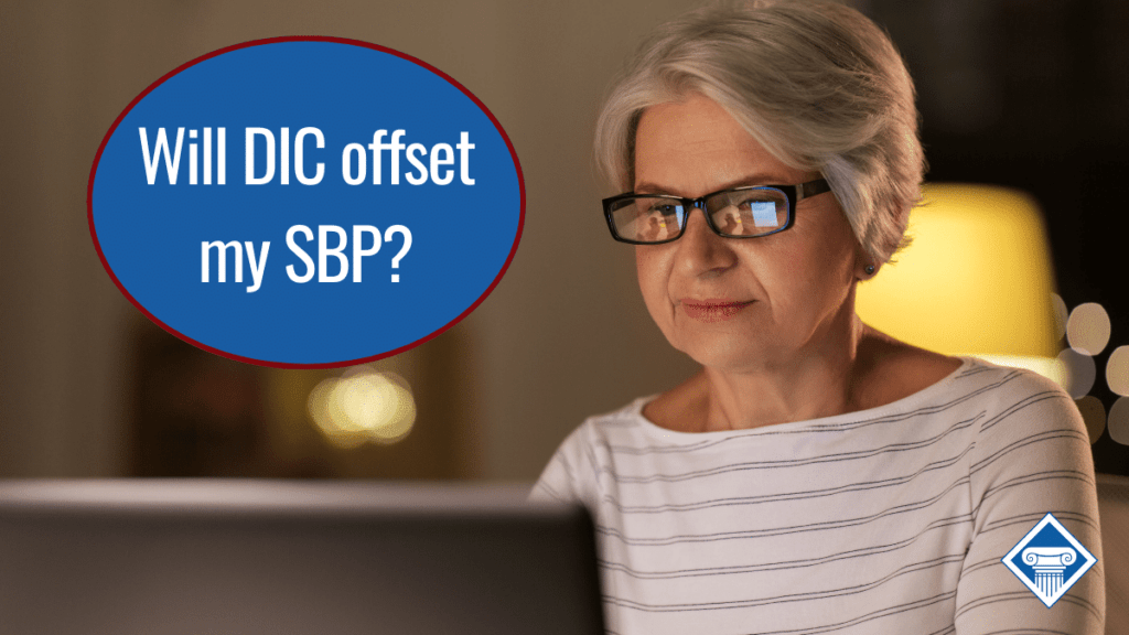 A woman with short gray hair and glasses searches on a computer. Over the image is the Woods & Woods logo and a bubble reading the article title: Will DIC offset my SBP?