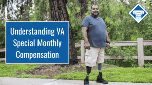 Photo of a man with prosthetic legs standing outside by a fence. Article title is to the left: Understanding VA Special Monthly Compensation