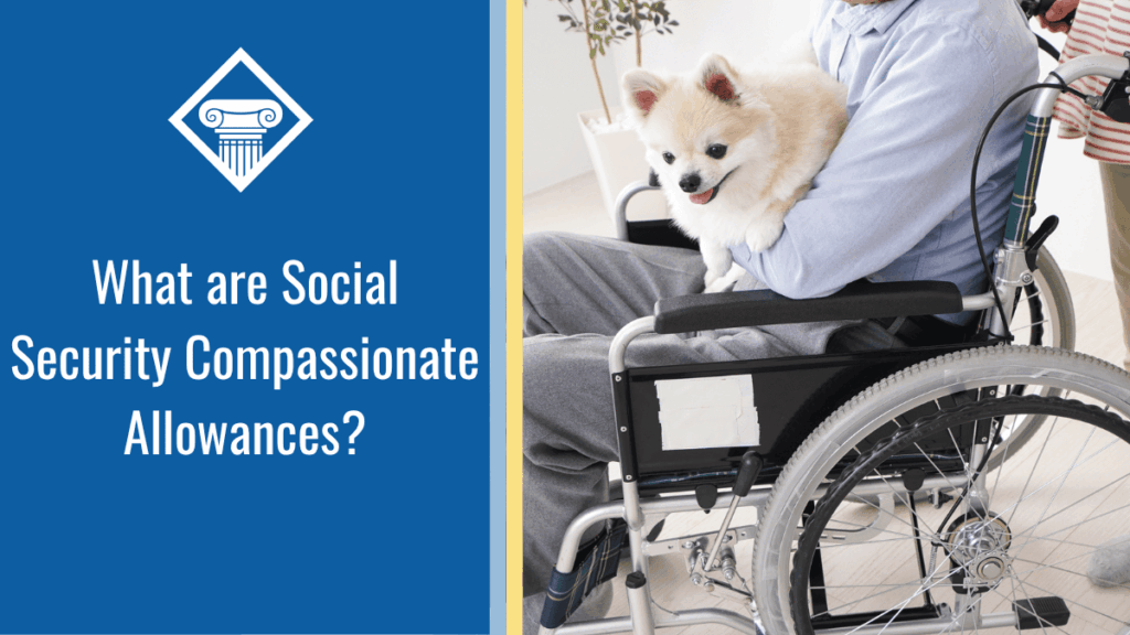 Image of a person in a wheelchair holding a small dog on the left side of the image. To the right side of the image is the title of the article, "What are Social Security Compassionate Allowances" in a blue box with the Woods & Woods logo above it.