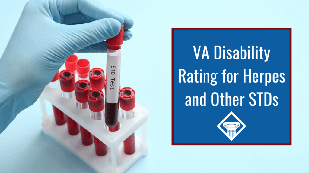 Picture of a lab test of blood samples marked "STD Test" and our title is to the right "VA disability rating for herpes and other STDs"