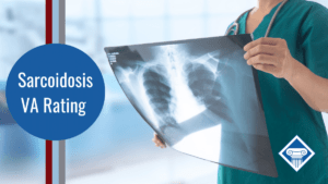 A medical professional holds an X-ray of someone's lungs. Article title to the left: Sarcoidosis VA Rating