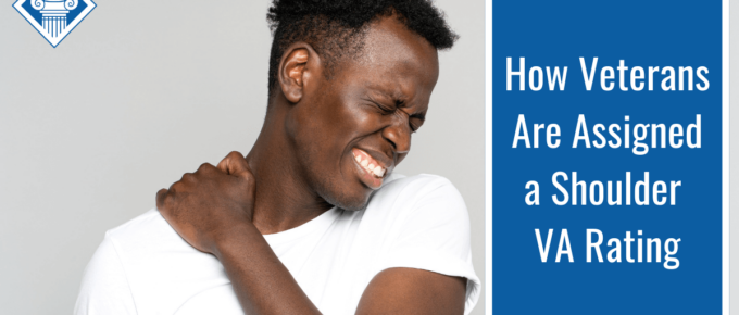 Photo of a man grimacing and holding his shoulder in pain. Article title to the right: How Veterans are Assigned a Shoulder VA Rating