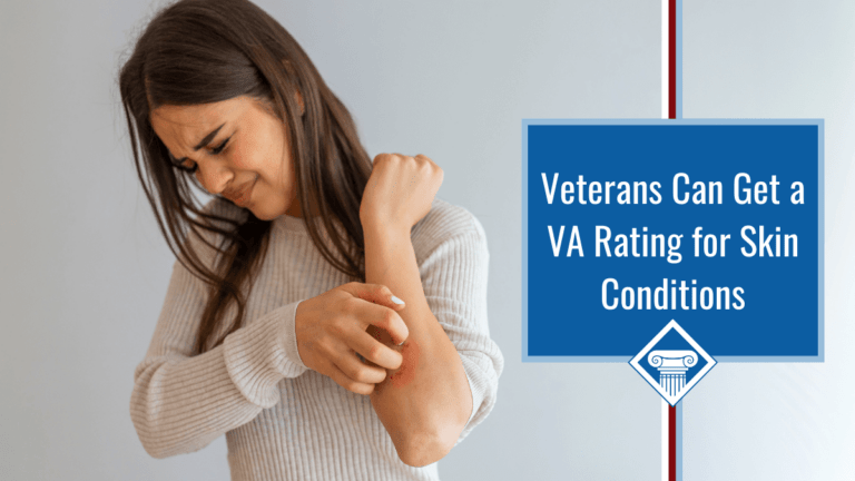 A brunette woman wearing a tan sweater grimaces while scratching her forearm, which is inflamed. Article title is to the right: Veterans Can Get a VA Rating for Skin Conditions