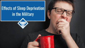 Picture of a man wearing glasses an holding a red coffee cup while holding his other hand over his mouth to yawn. Article title is in the top left corner: Effects of Sleep Deprivation in the Military