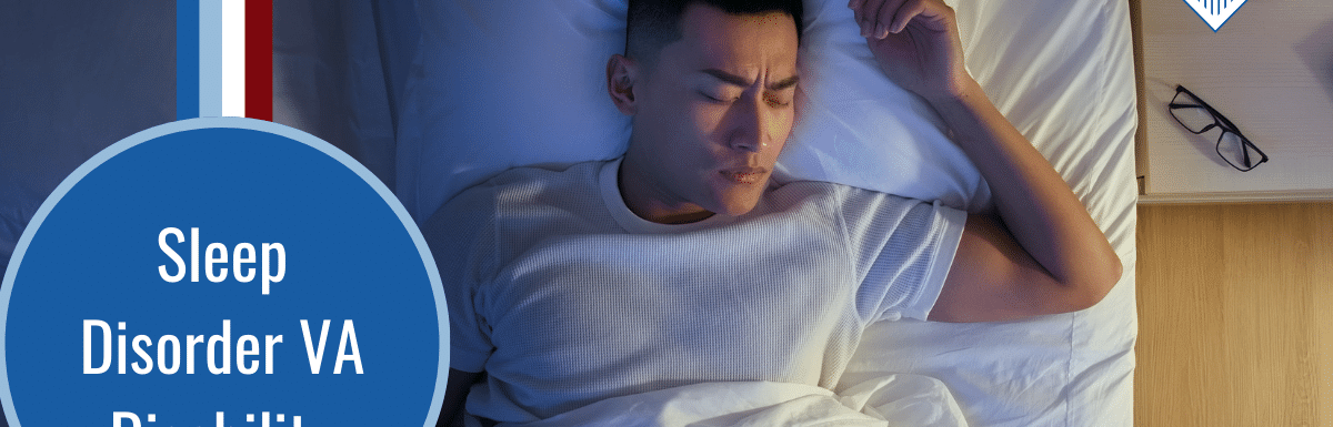 A man lies in a white bed with his eyes closed and an uncomfortable look on his face. Over the image is the Woods and Woods logo and a blue bubble reading the article title: Sleep Disorders VA disability