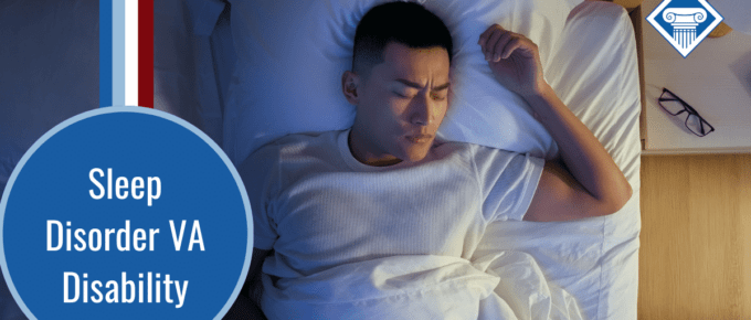 A man lies in a white bed with his eyes closed and an uncomfortable look on his face. Over the image is the Woods and Woods logo and a blue bubble reading the article title: Sleep Disorders VA disability