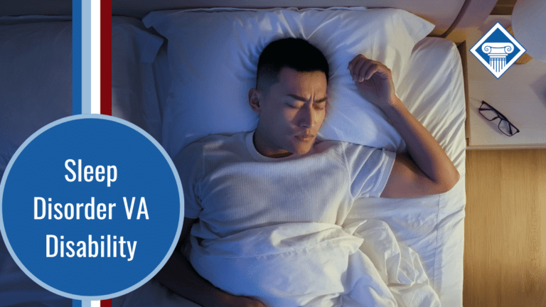 A man lies in a white bed with his eyes closed and an uncomfortable look on his face. Over the image is the Woods and Woods logo and a blue bubble reading the article title: Sleep Disorders VA disability