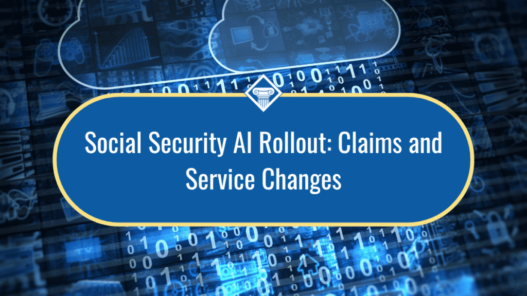 Image of a technology cloud raining computer code in neon blue. The title of the article, "Social Security AI Rollout: Claims and Service Changes" sits in the middle of the image in a dark blue oblong shape.