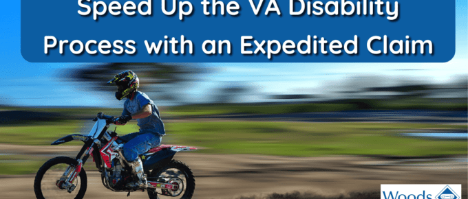 Person riding a dirt bike very fast. Text at the top of the image reads "Speed Up the VA Disability Process with an Expedited Claim.