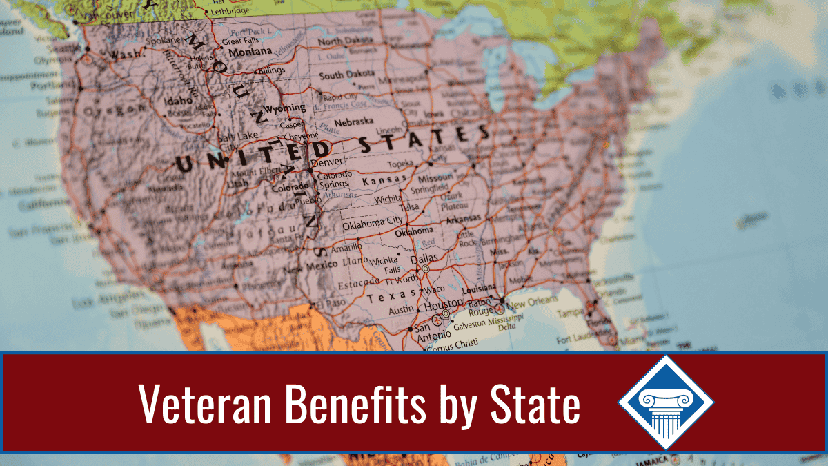 A map of North America highlighting the United States. Over the image, along the bottom, is a red banner reading the article title: Veteran Benefits by State