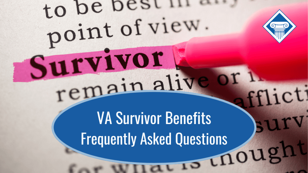 A page in a dictionary with the word "survivor" being highlighted with a pink highlighter. Over the image is the Woods and Woods logo and the article title: VA survivor benefits frequently asked questions