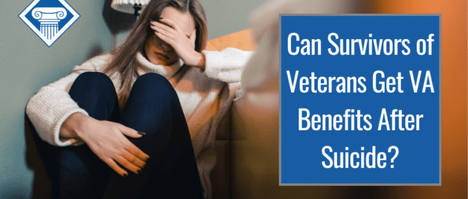 A woman in a white sweater and black pants sits on a couch and holds her face, unsmiling. Over the image is a blue box with the article title: Can survivors of veterans get VA benefits after suicide?