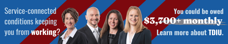Picture of 4 of our Certified VA disability lawyers with text around them: Service-Connected conditions keeping you from working? You could be owed $3,700+ monthly. Learn more about TDIU.