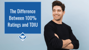 A man in a black sweater crosses his arms and smiles, looking to the side. Over the image is a box reading the article title: What is TDIU and how is it different than a 100% VA rating?