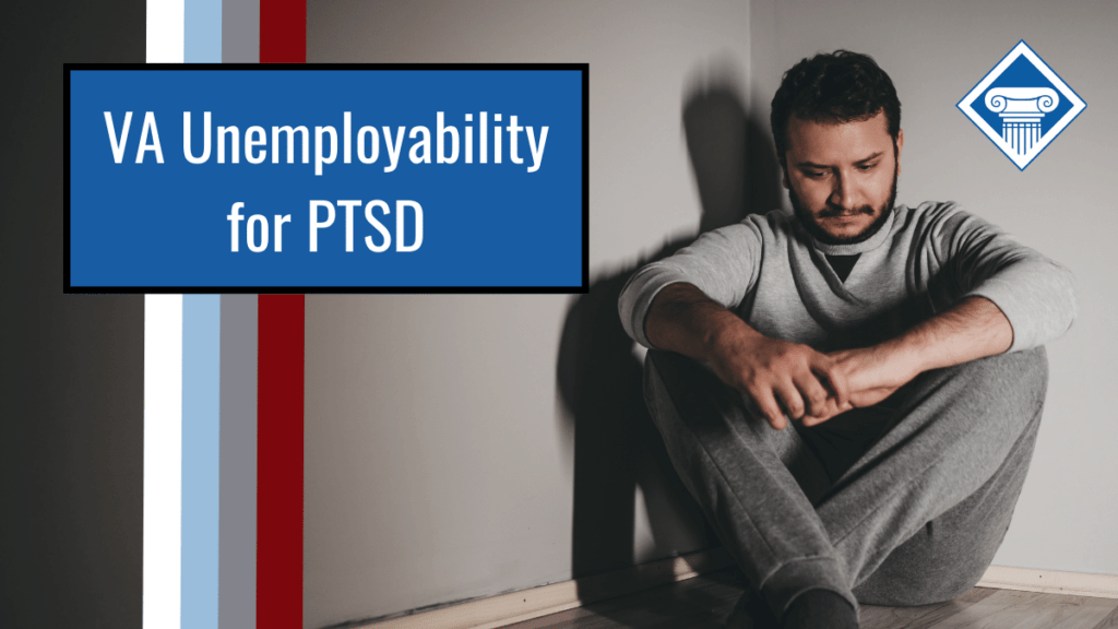 Man is sitting in the corner of a room on the ground holding his hands together and looking down. Article title is on the left: VA Unemployability for PTSD.