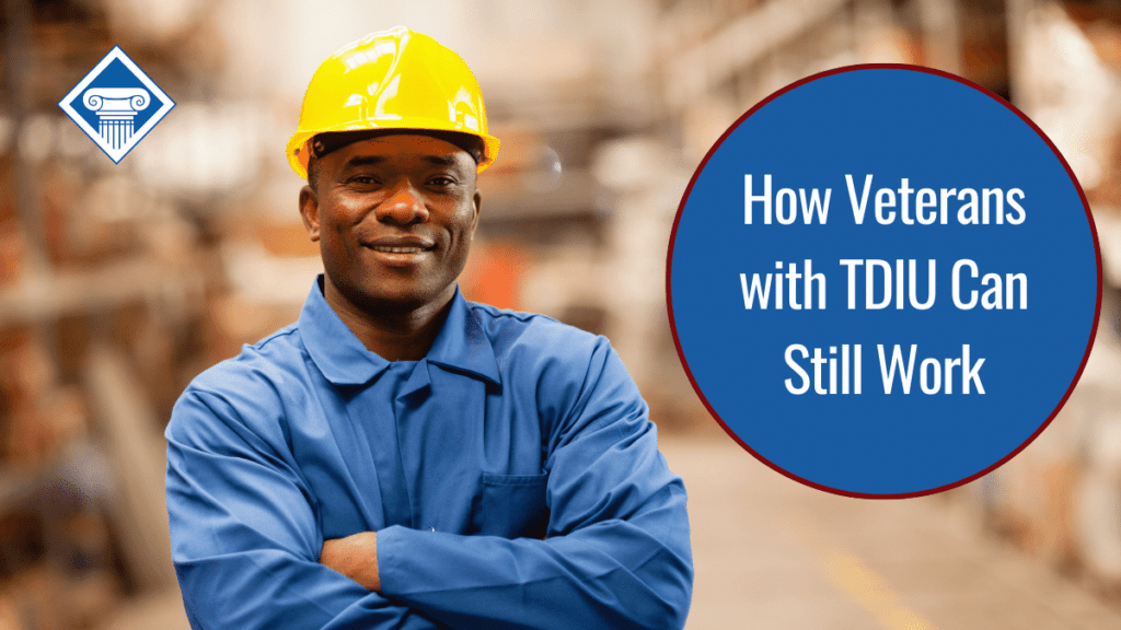 A man stands with his arms crossed, looking at the camera and smiling. He is wearing a blue shirt and a yellow hard hat. Over the image is a blue bubble reading the article title: How veterans with TDIU can still work