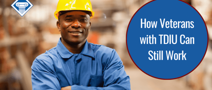 A man stands with his arms crossed, looking at the camera and smiling. He is wearing a blue shirt and a yellow hard hat. Over the image is a blue bubble reading the article title: How veterans with TDIU can still work