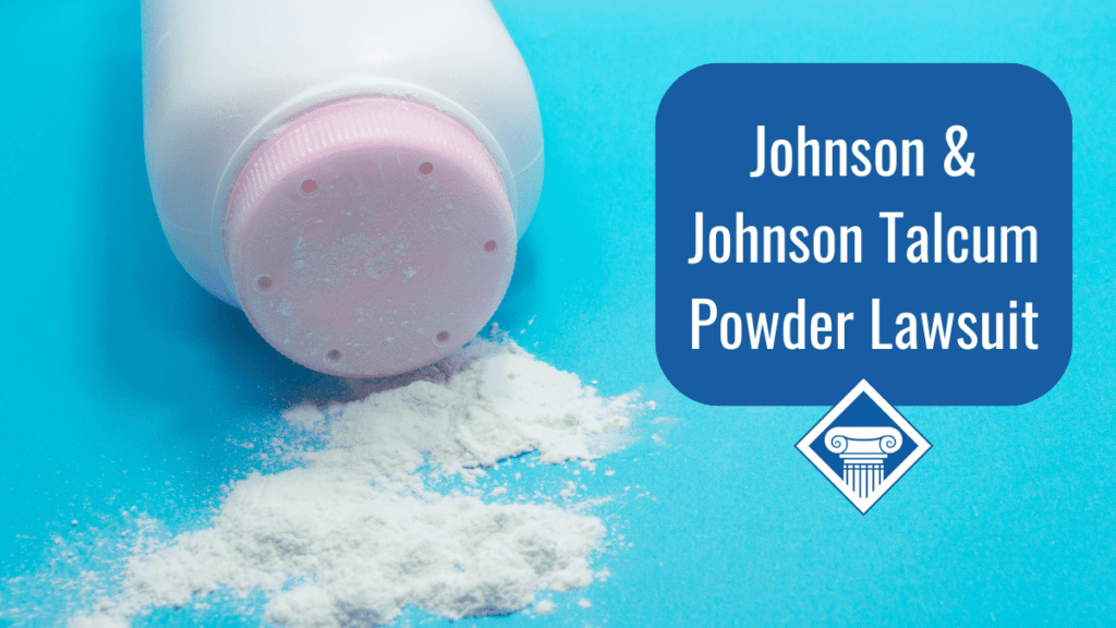 A shaker bottle of talcum powder is spilled out onto a bright blue background. Over the image if a dark blue box reading the article title: Johnson and Johnson talcum powder lawsuit