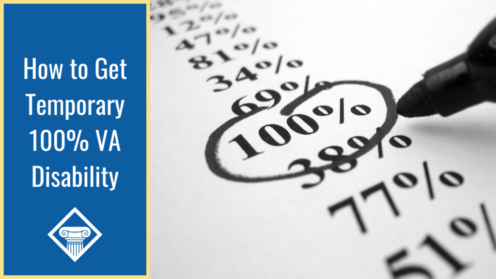 A black marker circles a "100%" amongst a list of other numbers. Over the image is a blue bar reading the article title: How to get temporary 100% VA disability 