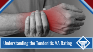 An image of a man holding his left wrist in his right hand. The wrist is radiating red to indicate pain. Over the image is a blue banner reading the article title: Understanding the tendonitis VA rating