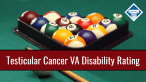 Photo of pool balls in a ball rack on a pool table. Article title is across the bottom: "Testicular cancer VA disability rating"