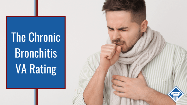 A man in a turtle neck sweater holds his clenched fist up to his mouth as he coughs. Article title to the left: The Chronic Bronchitis VA Rating