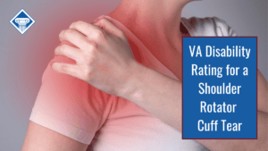 Person grasping their right shoulder with left hand. Article title is on the right: VA disability rating for shoulder rotator cuff tear."