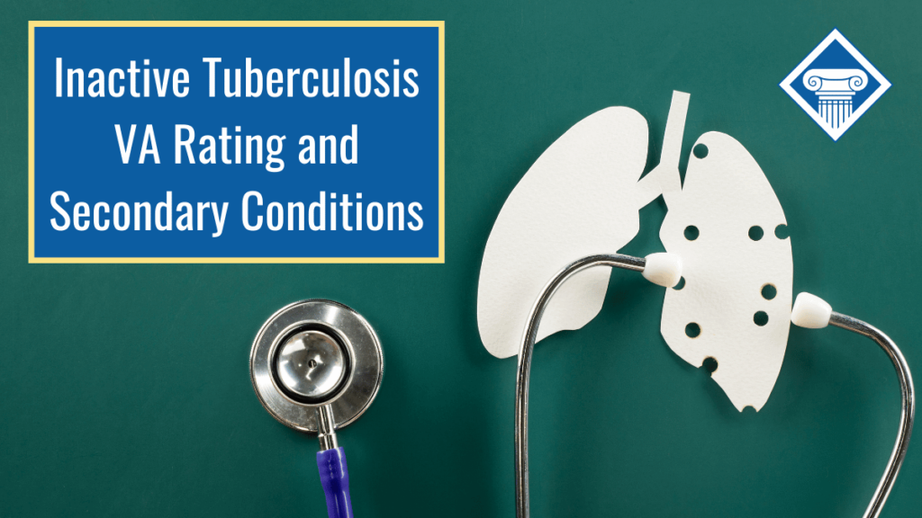 A white paper cutout of lungs with holes on it is set against a teal background. A stethoscope lies alongside the lungs. Over the image is a box reading the article title: Inactive tuberculosis VA rating and secondary conditions