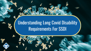 Image of viruses and white blood cells under a microscope with the title of the article, "Understanding Long Covid Disability Requirements For SSDI" in the middle of the image inside a blue oval.