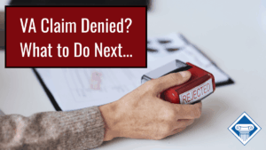 Photo of a man's arm in a tan sweater. The man has a red stamp in his hand with the letters REJECTED in all capital letters. He has stamped a paper in front of him on a clip board. Article title is to the left: VA Claim Denied? What to Do Next...