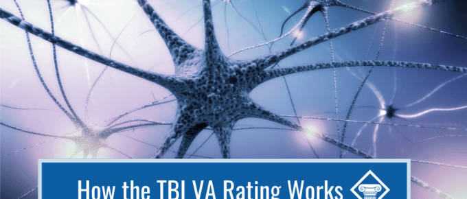 Abstract picture of brain synopsis. Article title at the bottom: How the TBI VA Rating Works. The Woods and Woods logo is next to the title.