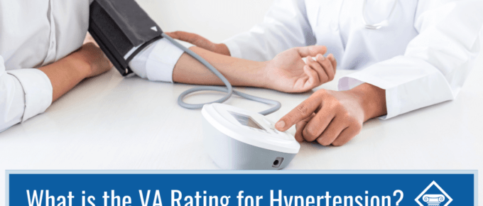 Photo of a doctor at a table with a patient taking the patient's blood pressure. Article title across the bottom of the picture: What is the VA Rating for Hypertension?