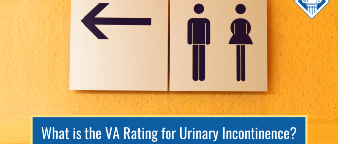 Photo of a bathroom sign and a sign with an arrow pointing to the left. Article title is across the bottom: What is the VA Rating for Urinary Incontinence?