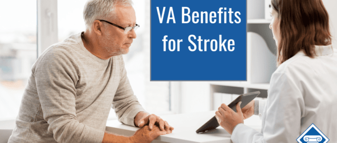 A doctor and patient looking at a computer screen. Article title: VA Benefits for Stroke" is at the top.