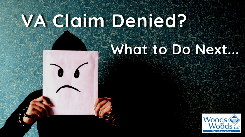 Picture of a person holding up a sad face sign and our title is at the top: VA Claim Denied? What to do next...